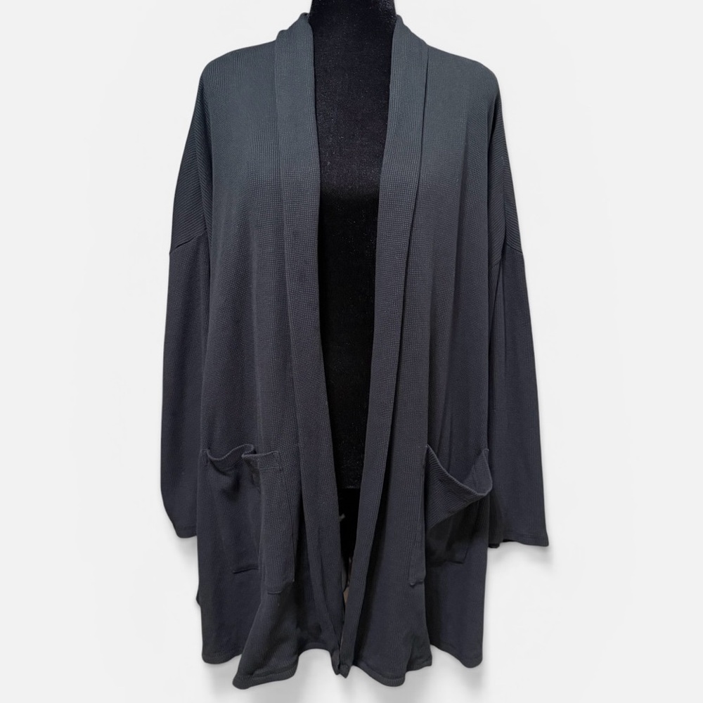 Eileen Fisher Organic Cotton Thermal Cardigan Black Open Front 1X 2X - Picture 2 of 8
